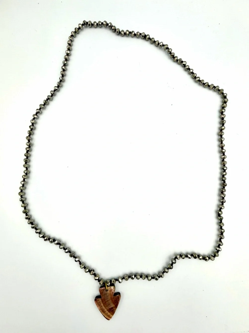Silver Beaded Necklace with Brown Arrowhead Pendant